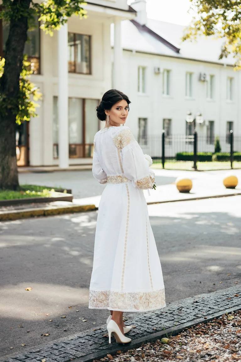 White Wedding Linen Dress with Exquisite with gold embroidery Ukrainian Vyshyvanka Traditional