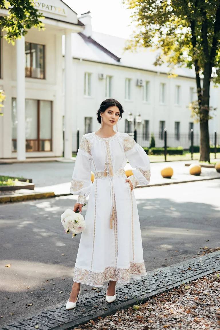White Wedding Linen Dress with Exquisite with gold embroidery Ukrainian Vyshyvanka Traditional