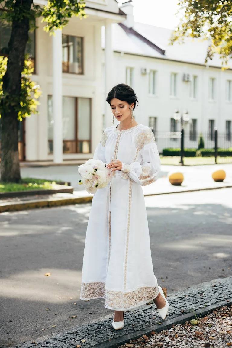White Wedding Linen Dress with Exquisite with gold embroidery Ukrainian Vyshyvanka Traditional