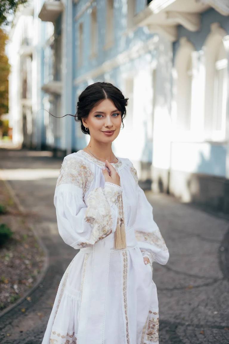White Wedding Embroidered Dress Ukrainian Traditional  Ethnic Boho