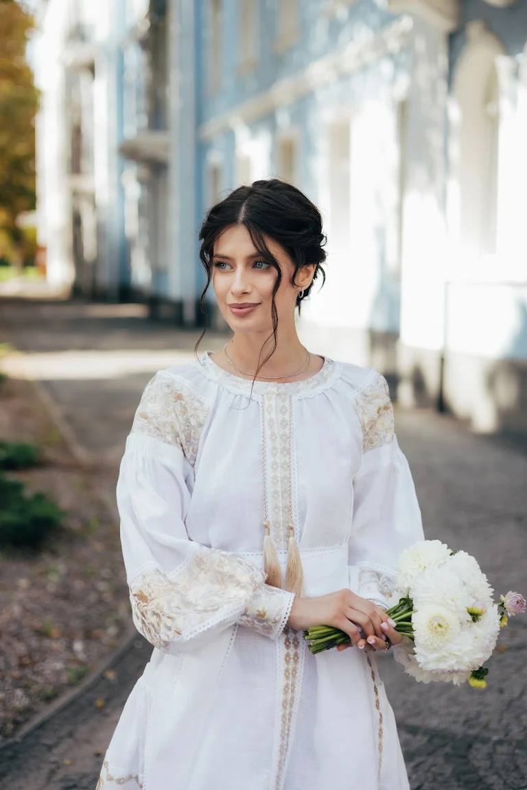 White Wedding Embroidered Dress Ukrainian Traditional  Ethnic Boho