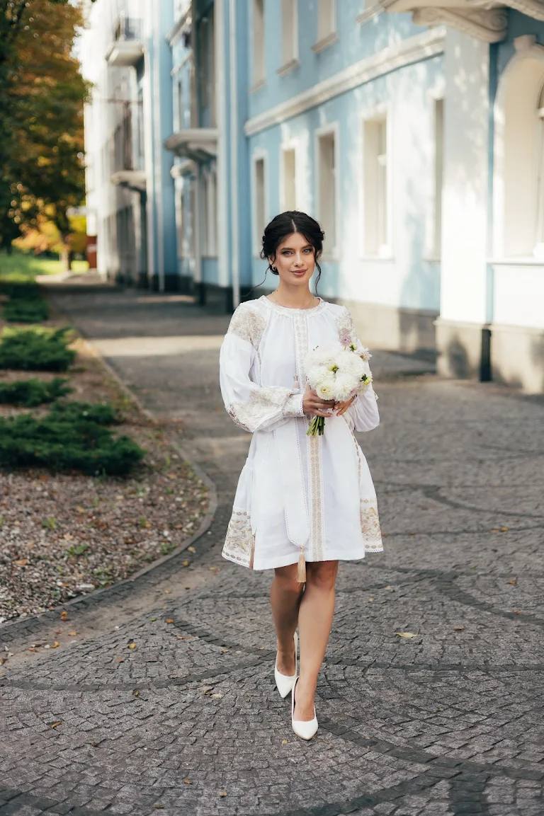White Wedding Embroidered Dress Ukrainian Traditional  Ethnic Boho