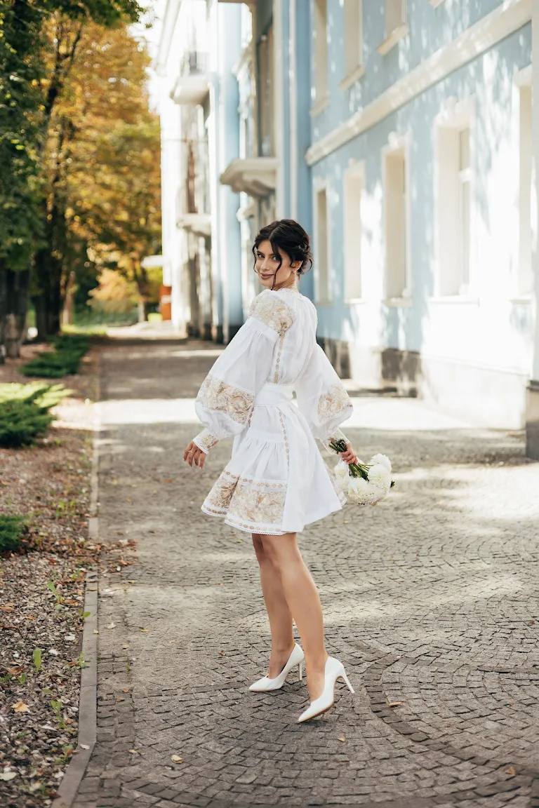 White Wedding Embroidered Dress Ukrainian Traditional  Ethnic Boho