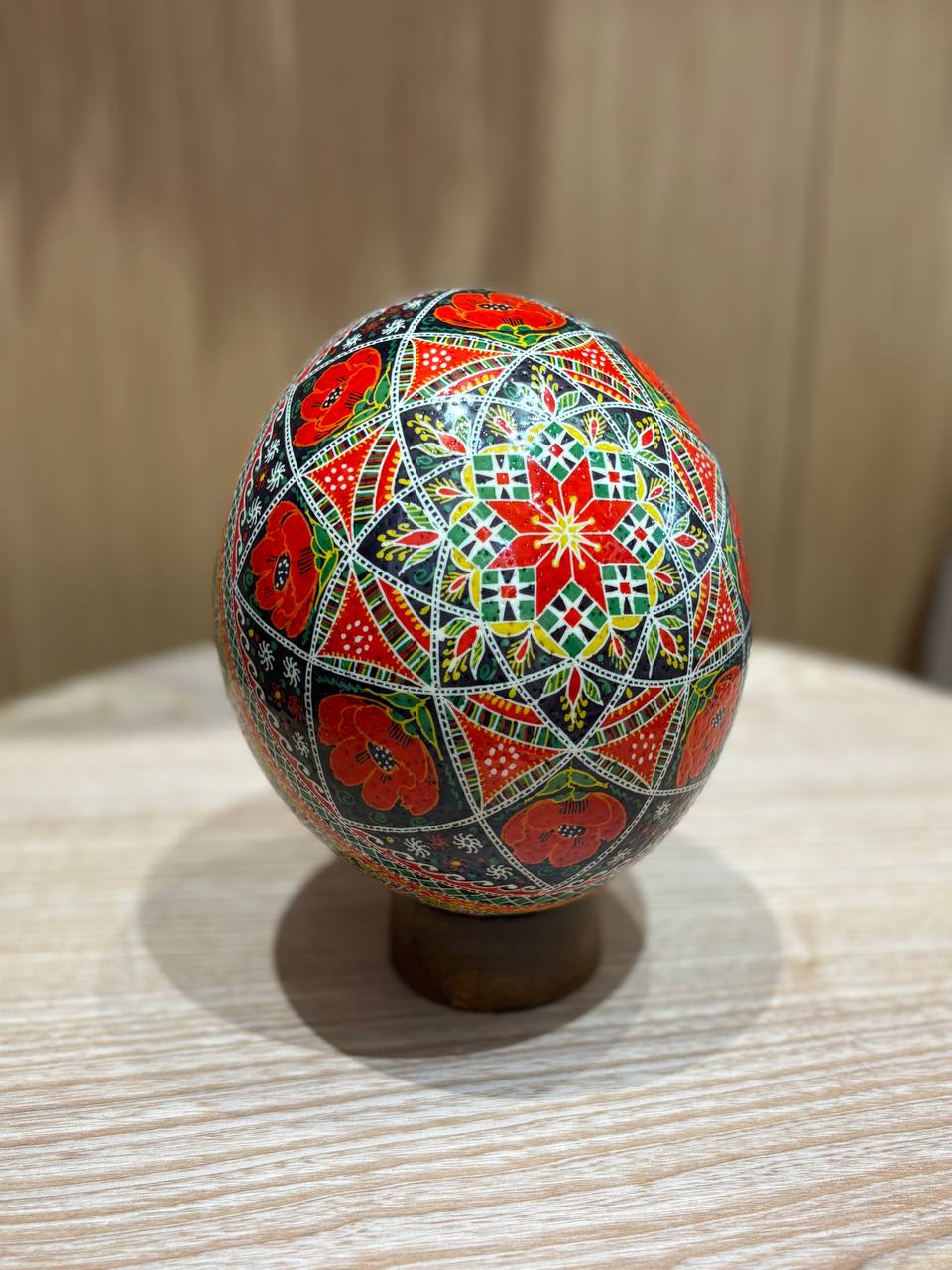 Handmade Ukrainian Ostrich Egg Pysanka - Traditional Easter Decor