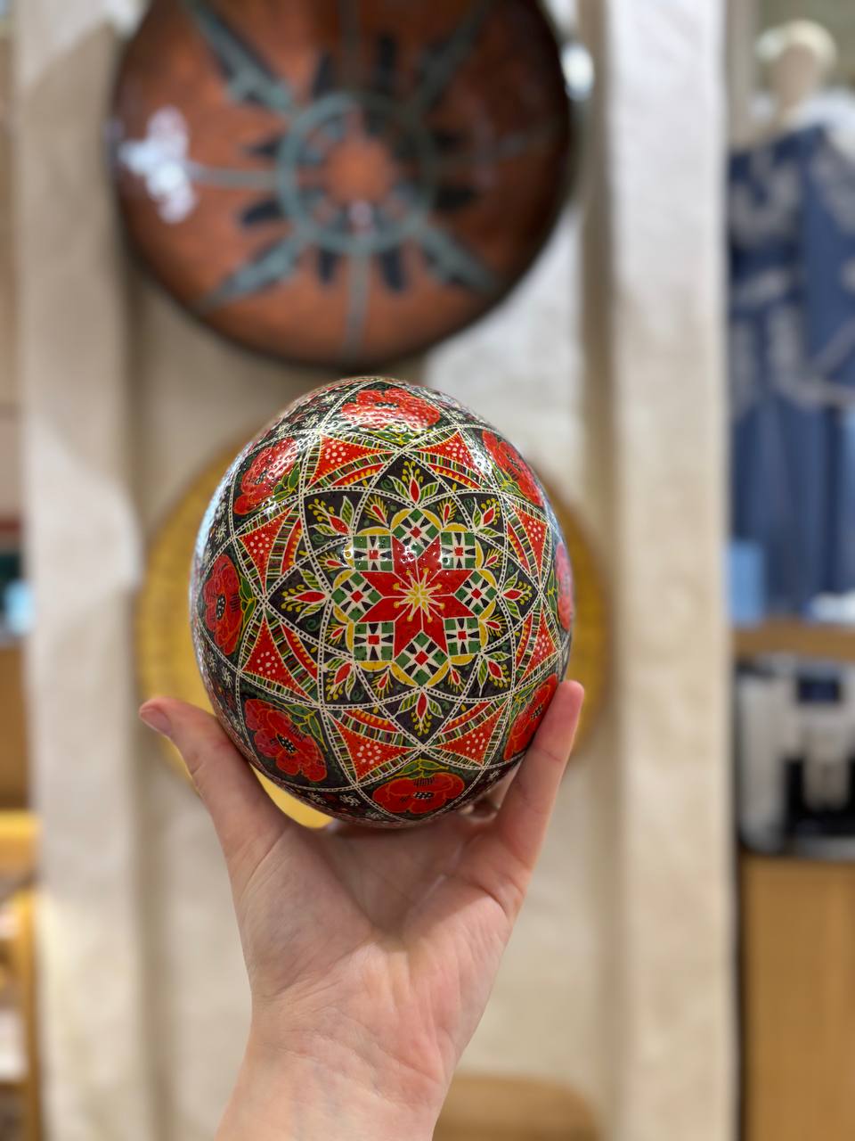 Handmade Ukrainian Ostrich Egg Pysanka - Traditional Easter Decor