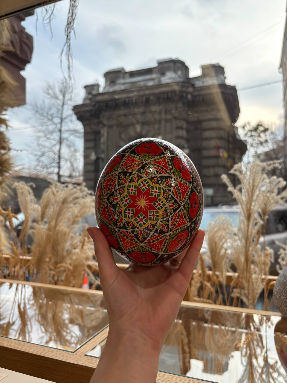 Handmade Ukrainian Ostrich Egg Pysanka - Traditional Easter Decor