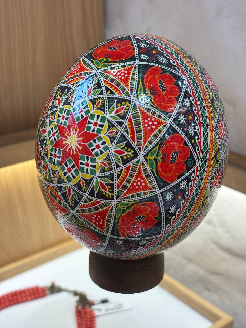 Handmade Ukrainian Ostrich Egg Pysanka - Traditional Easter Decor
