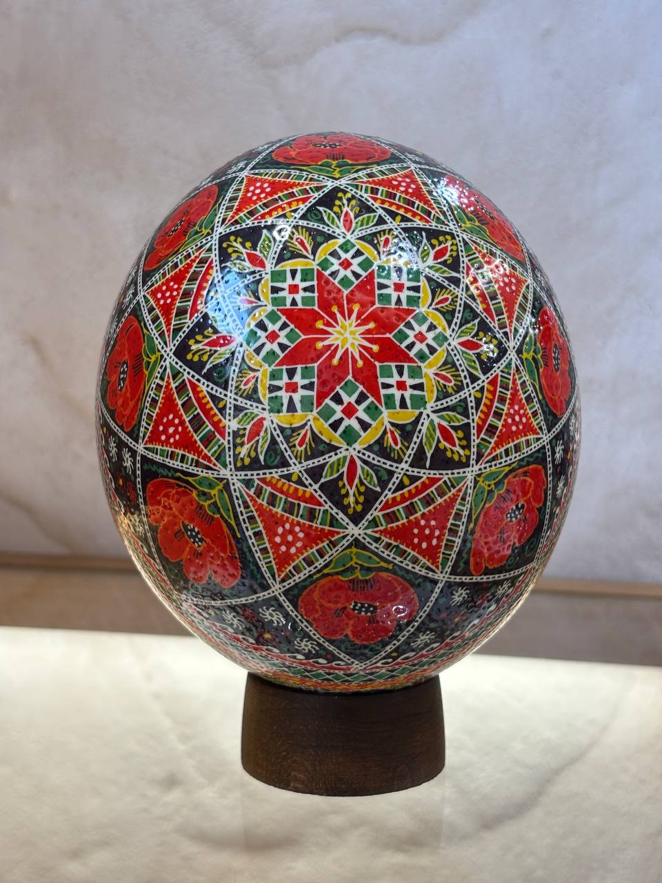 Handmade Ukrainian Ostrich Egg Pysanka - Traditional Easter Decor