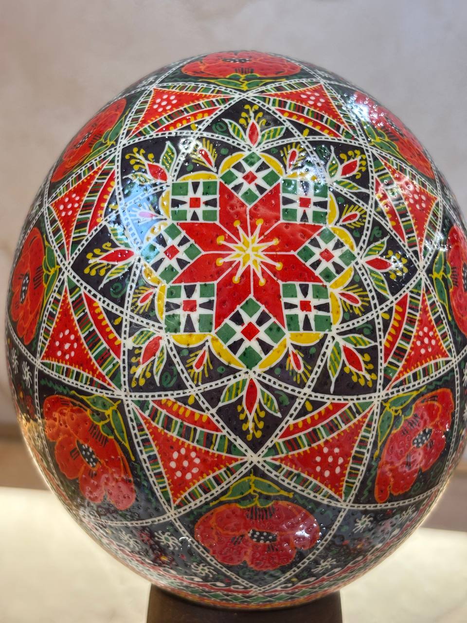 Handmade Ukrainian Ostrich Egg Pysanka - Traditional Easter Decor