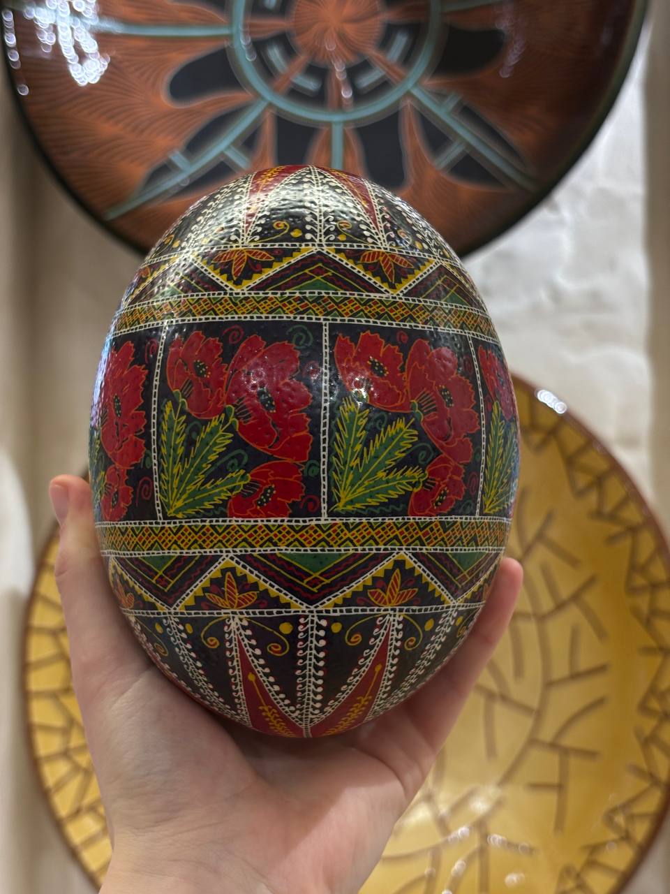 Traditional Ukrainian Pysanka Ostrich Real Egg - Easter Table Decor