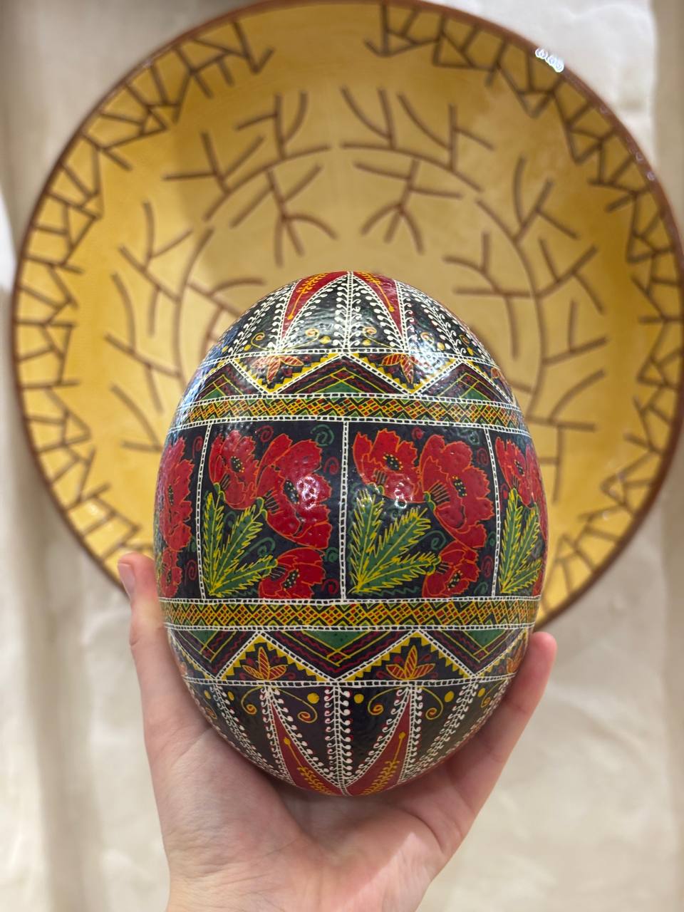Traditional Ukrainian Pysanka Ostrich Real Egg - Easter Table Decor