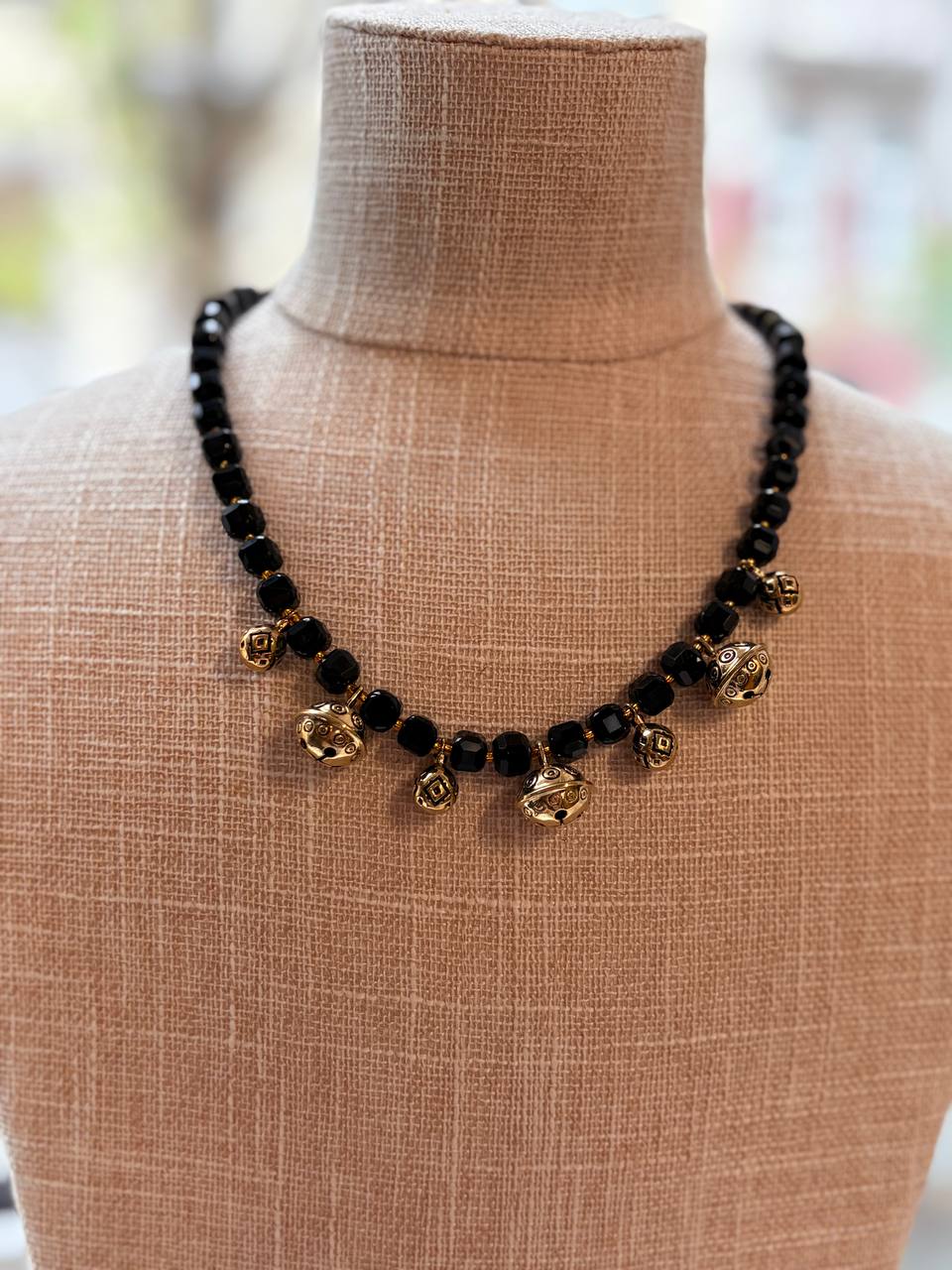 Black Agate Necklace, Brass Charm,