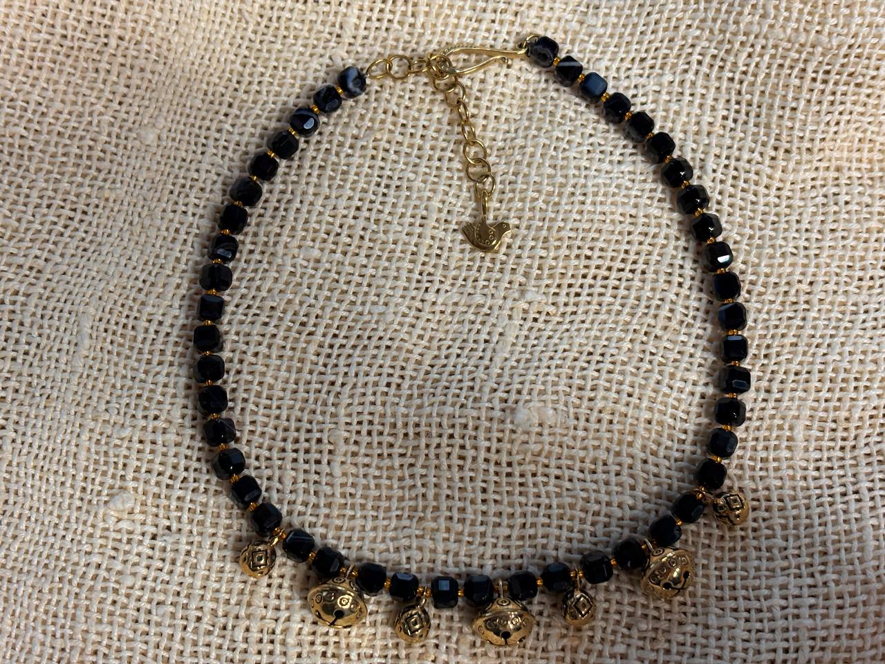 Black Agate Necklace, Brass Charm,