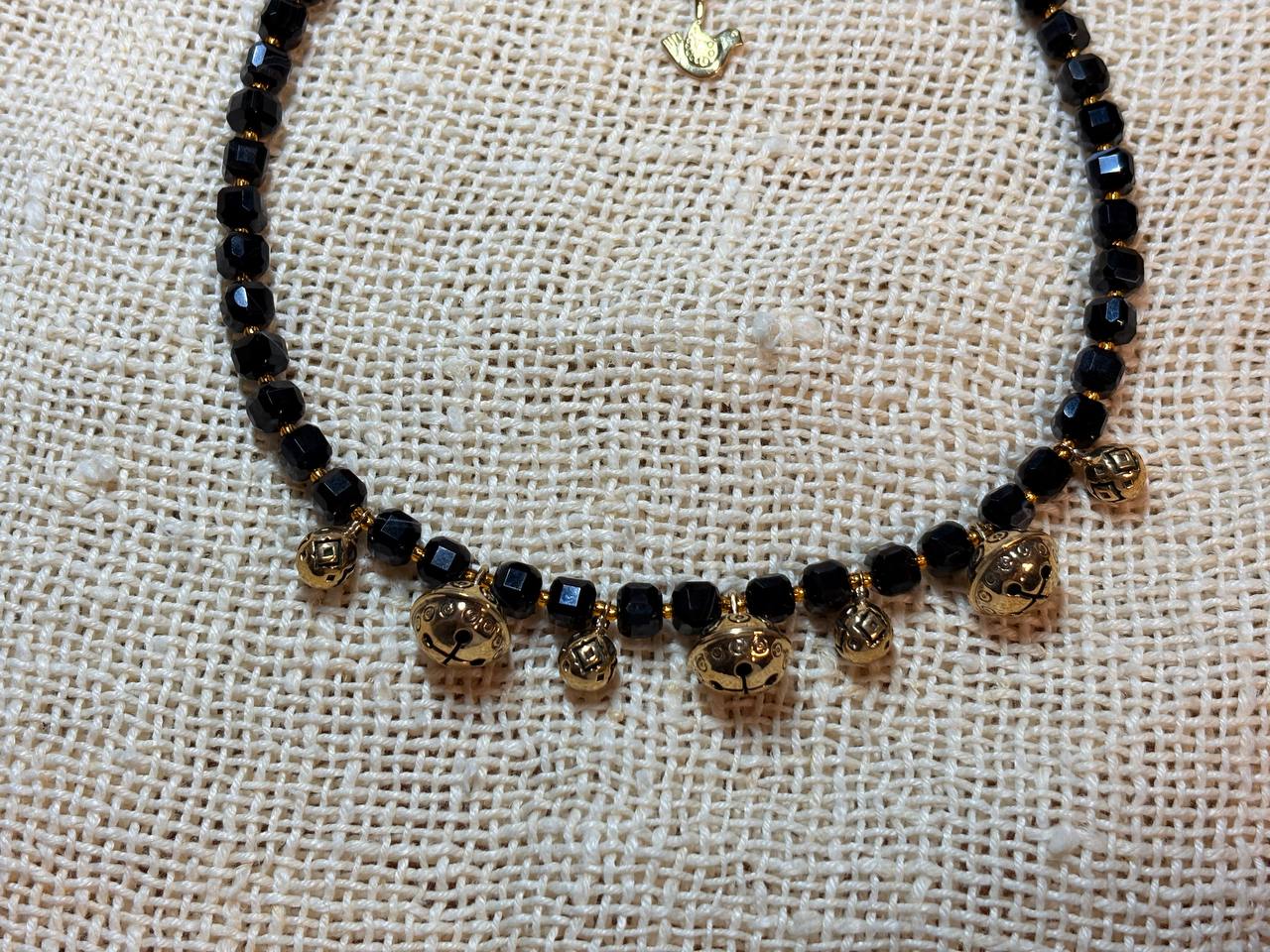 Black Agate Necklace, Brass Charm,