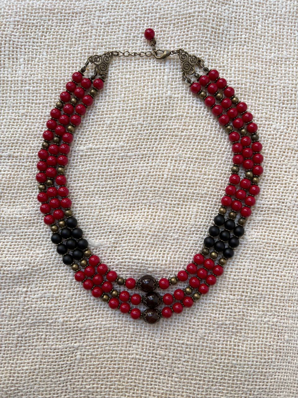 Ukrainian Style Red & Black Beaded Necklace