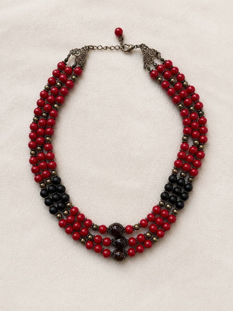 Ukrainian Style Red & Black Beaded Necklace