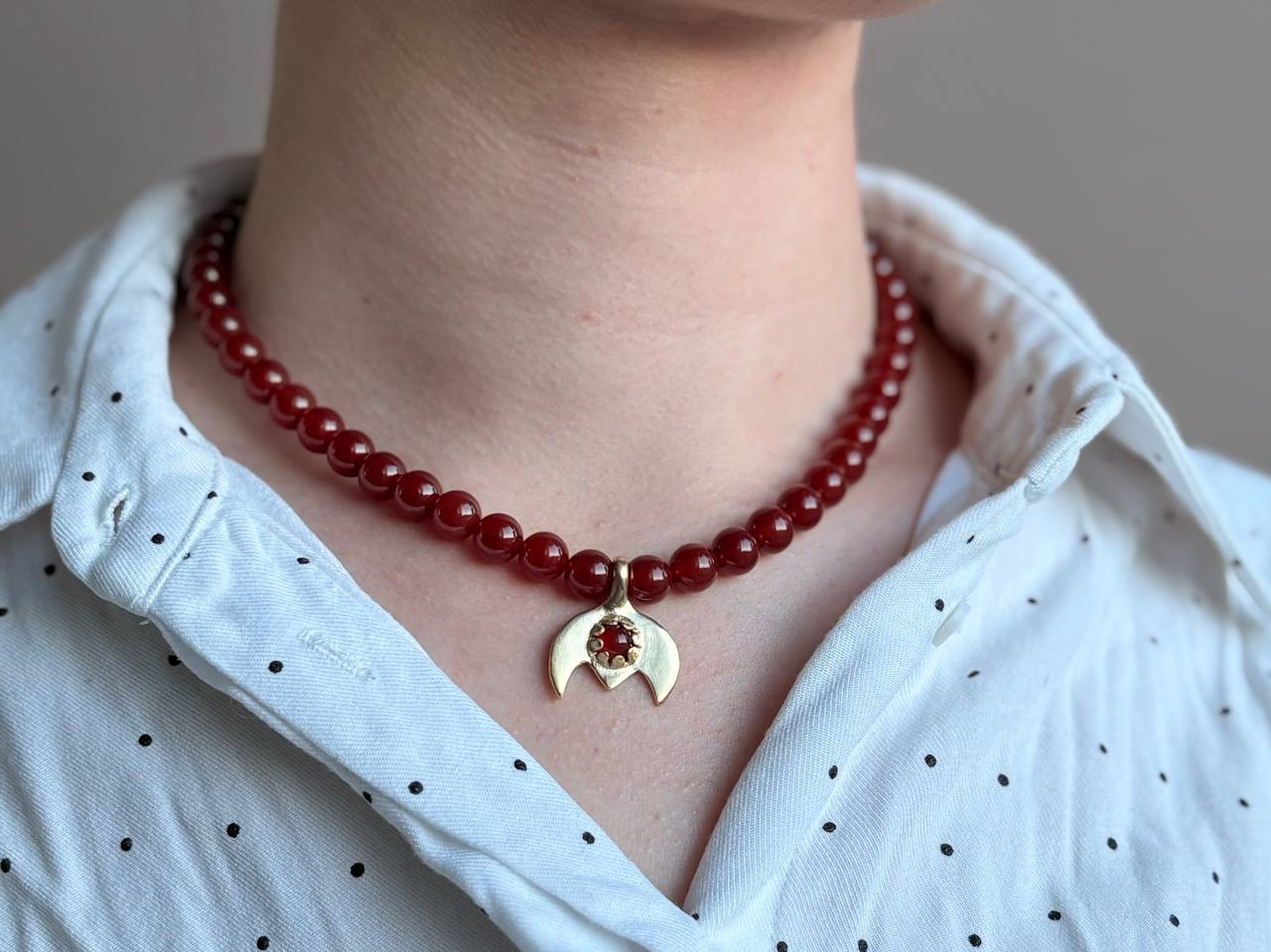 Handmade Red Beaded Necklace with Crescent Pendant