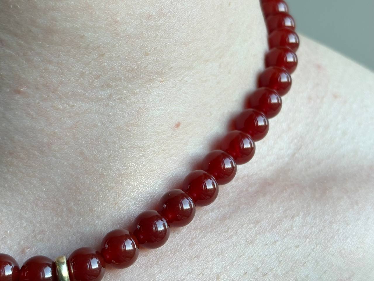 Handmade Red Beaded Necklace with Crescent Pendant