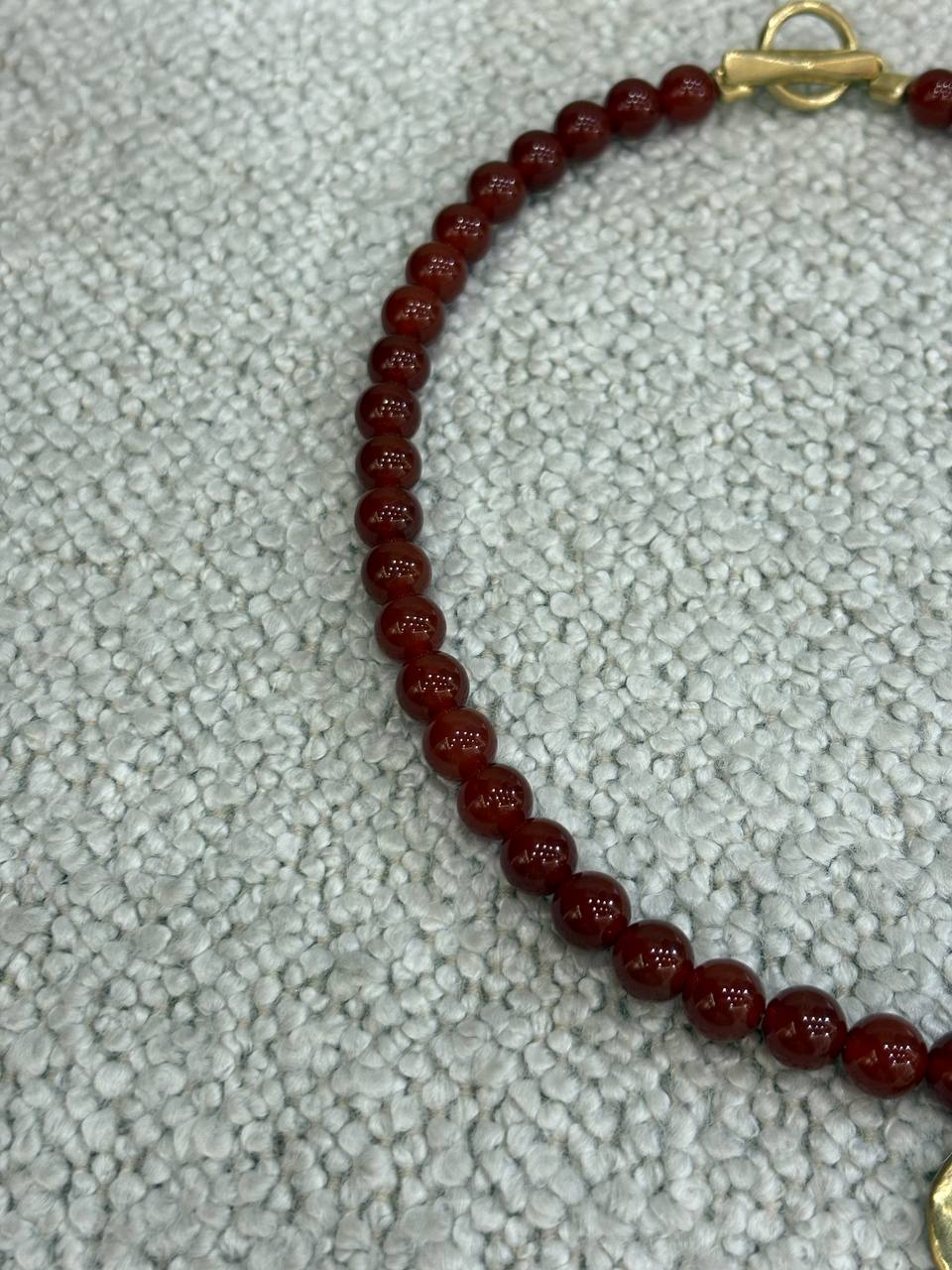 Handmade Red Beaded Necklace with Crescent Pendant