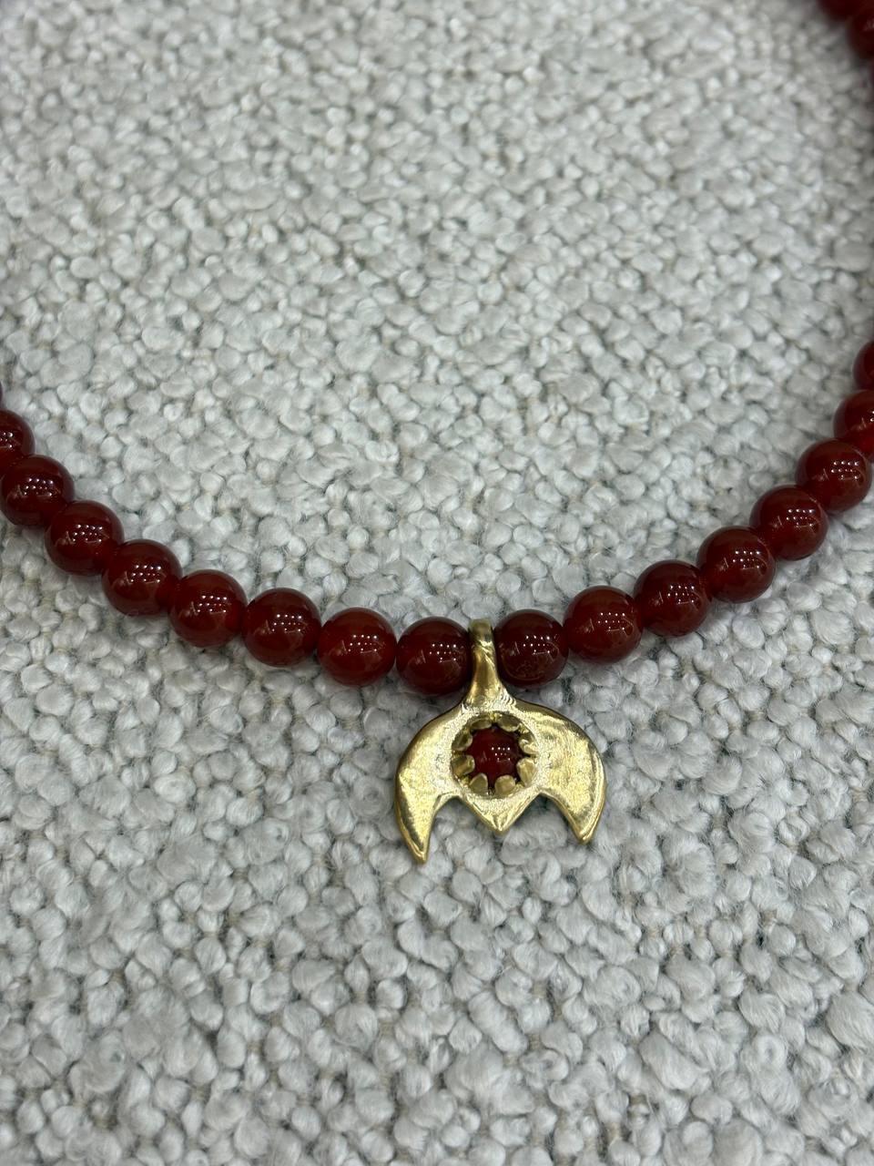 Handmade Red Beaded Necklace with Crescent Pendant