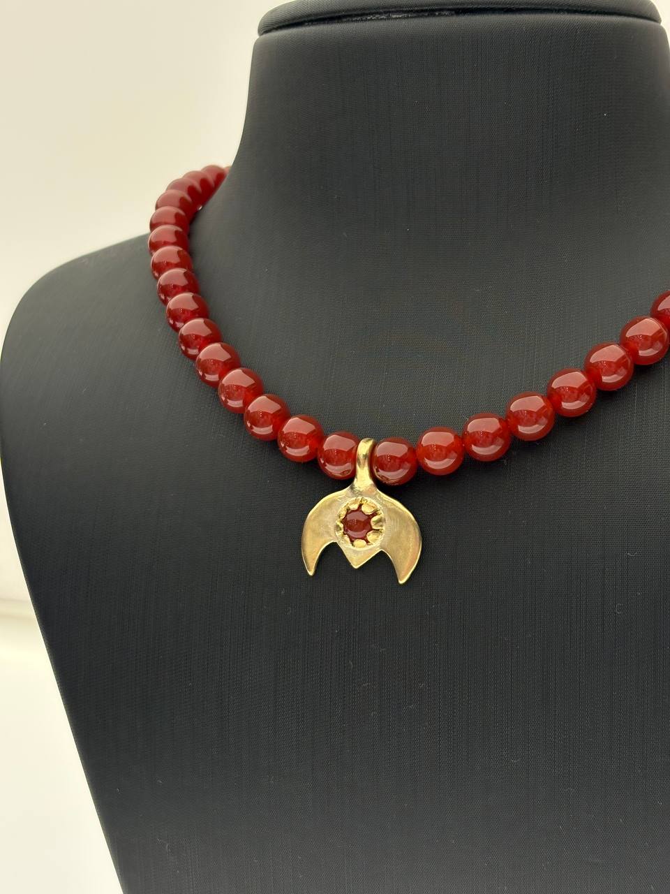 Handmade Red Beaded Necklace with Crescent Pendant