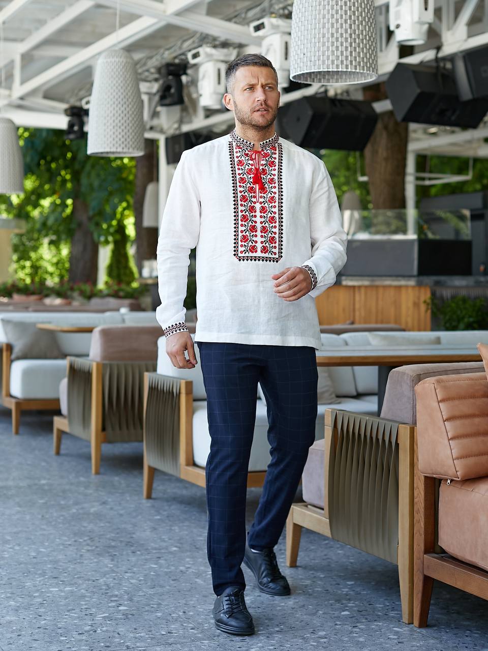 Men's White Linen Embroidered shirt Vyshyvanka Shirt with Red Embroidery
