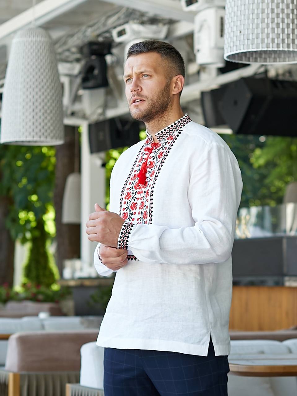 Men's White Linen Embroidered shirt Vyshyvanka Shirt with Red Embroidery
