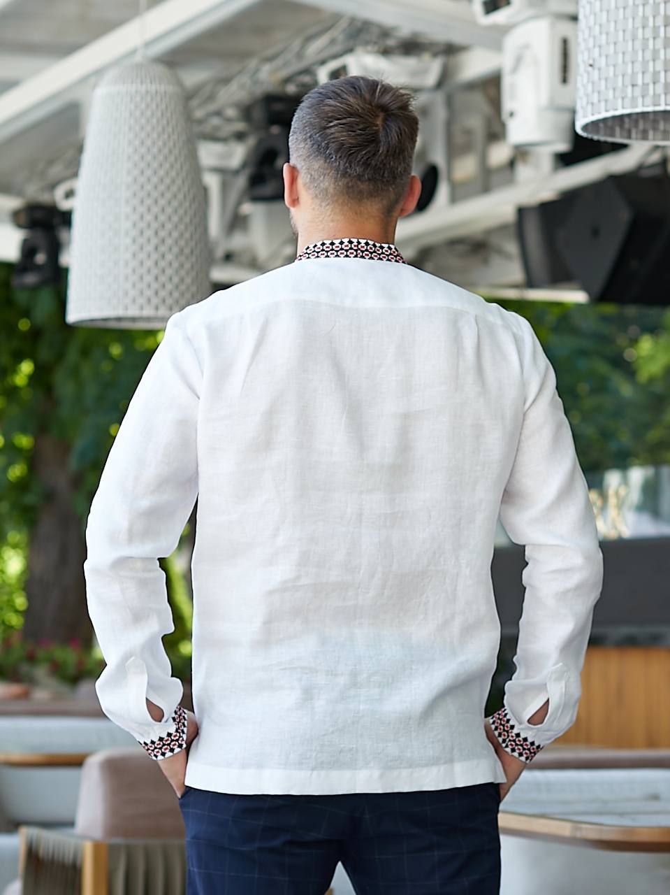 Men's White Linen Embroidered shirt Vyshyvanka Shirt with Red Embroidery