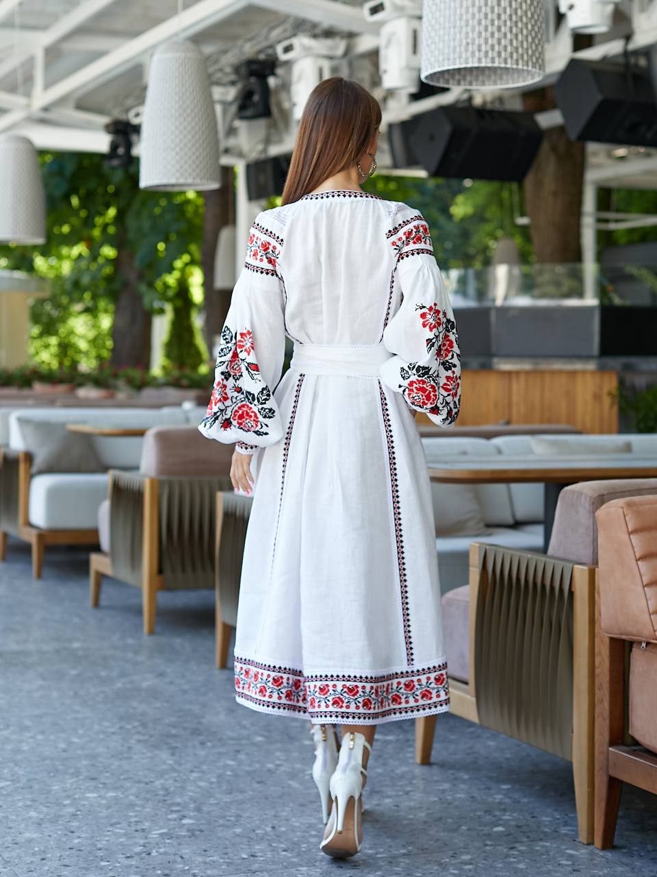 White Linen Wedding Dress with Red Ukrainian Embroidery - Boho Style