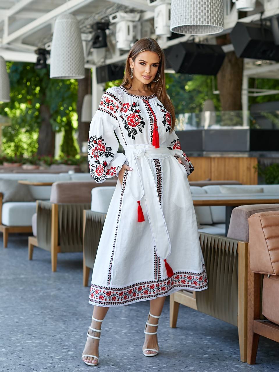 White Linen Wedding Dress with Red Ukrainian Embroidery - Boho Style