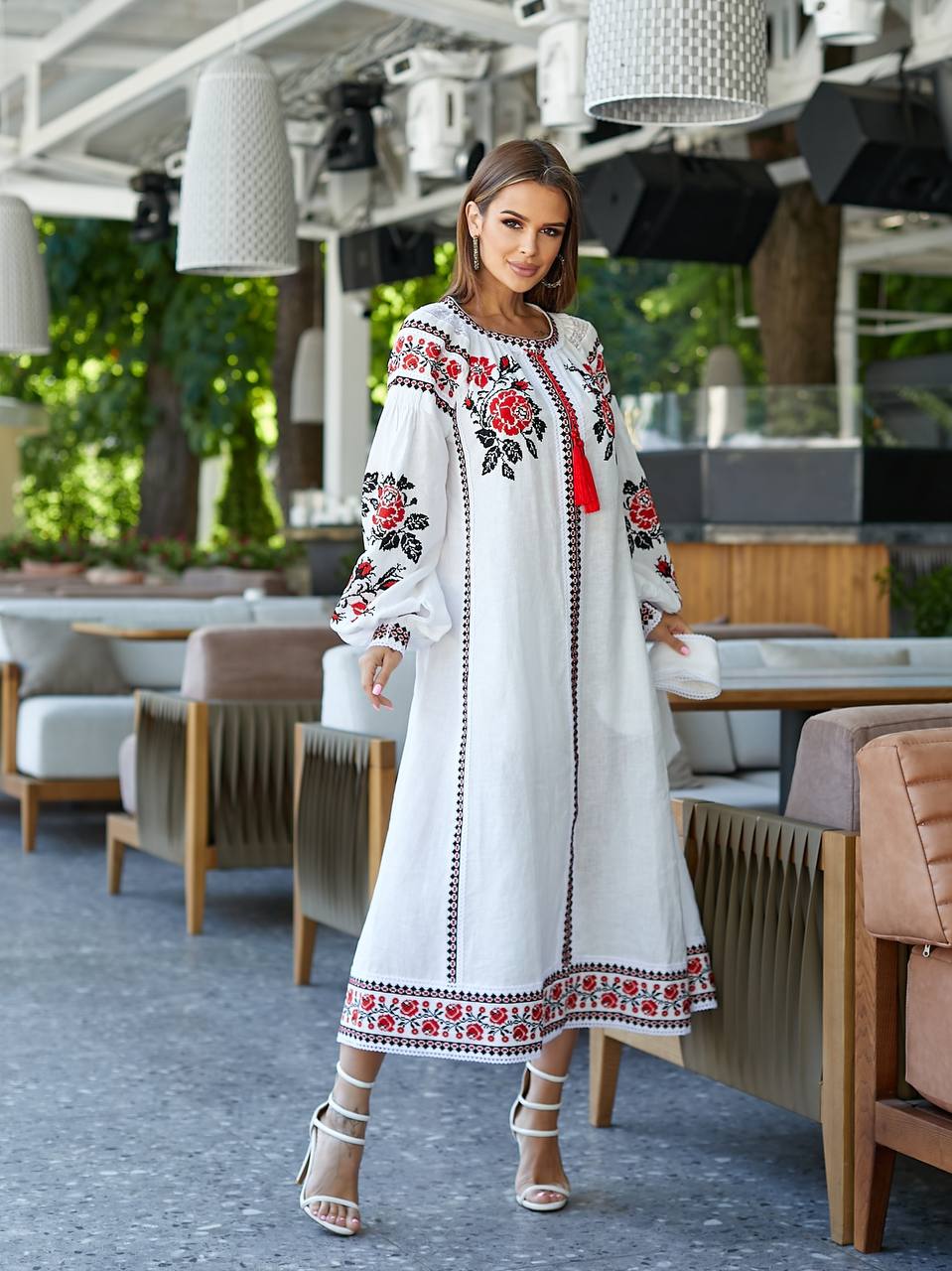 White Linen Wedding Dress with Red Ukrainian Embroidery - Boho Style
