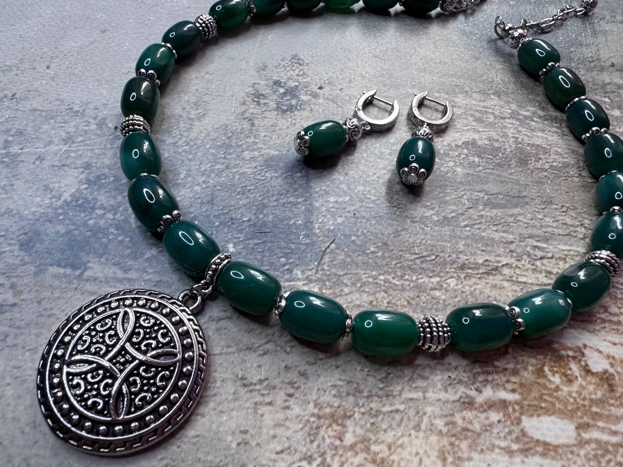 Green Agate Necklace with Celtic Pendant