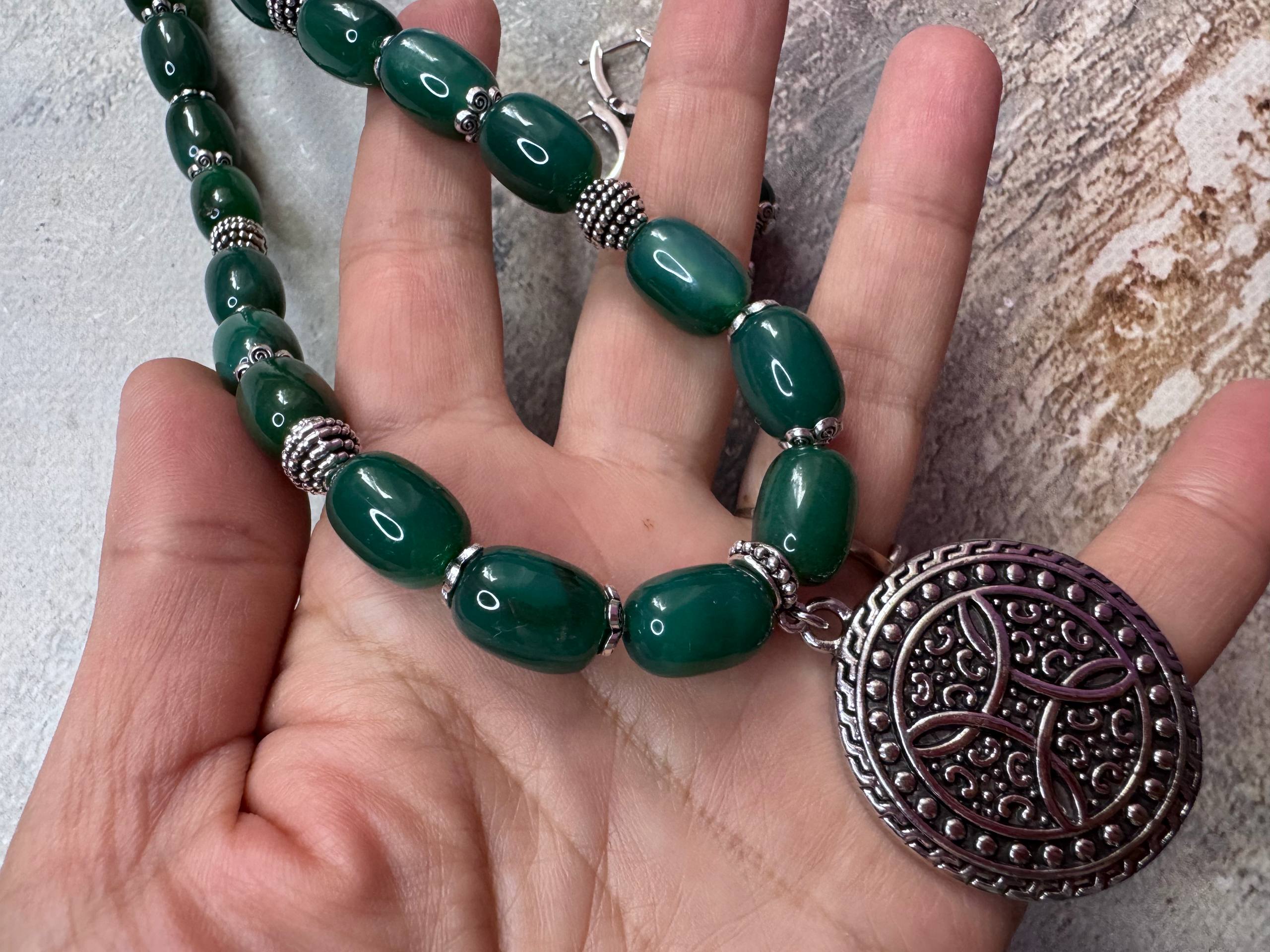 Green Agate Necklace with Celtic Pendant