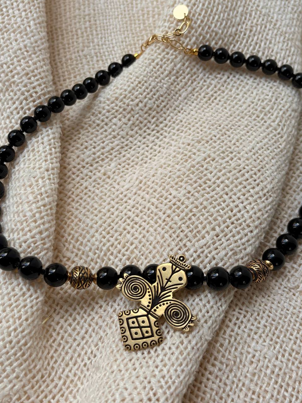 Black Onyx Necklace with Ukrainian Folk-Inspired Pendant