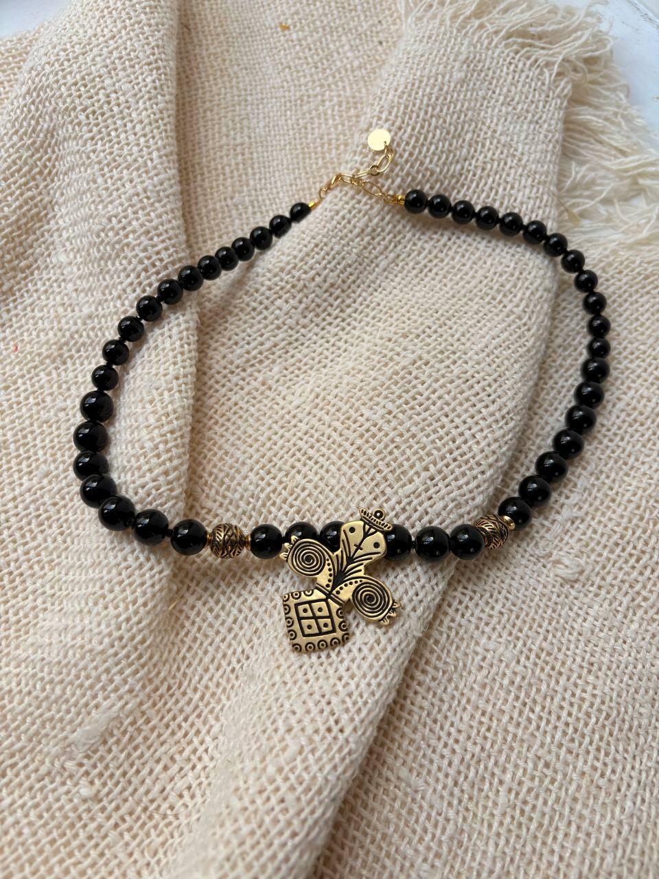 Black Onyx Necklace with Ukrainian Folk-Inspired Pendant