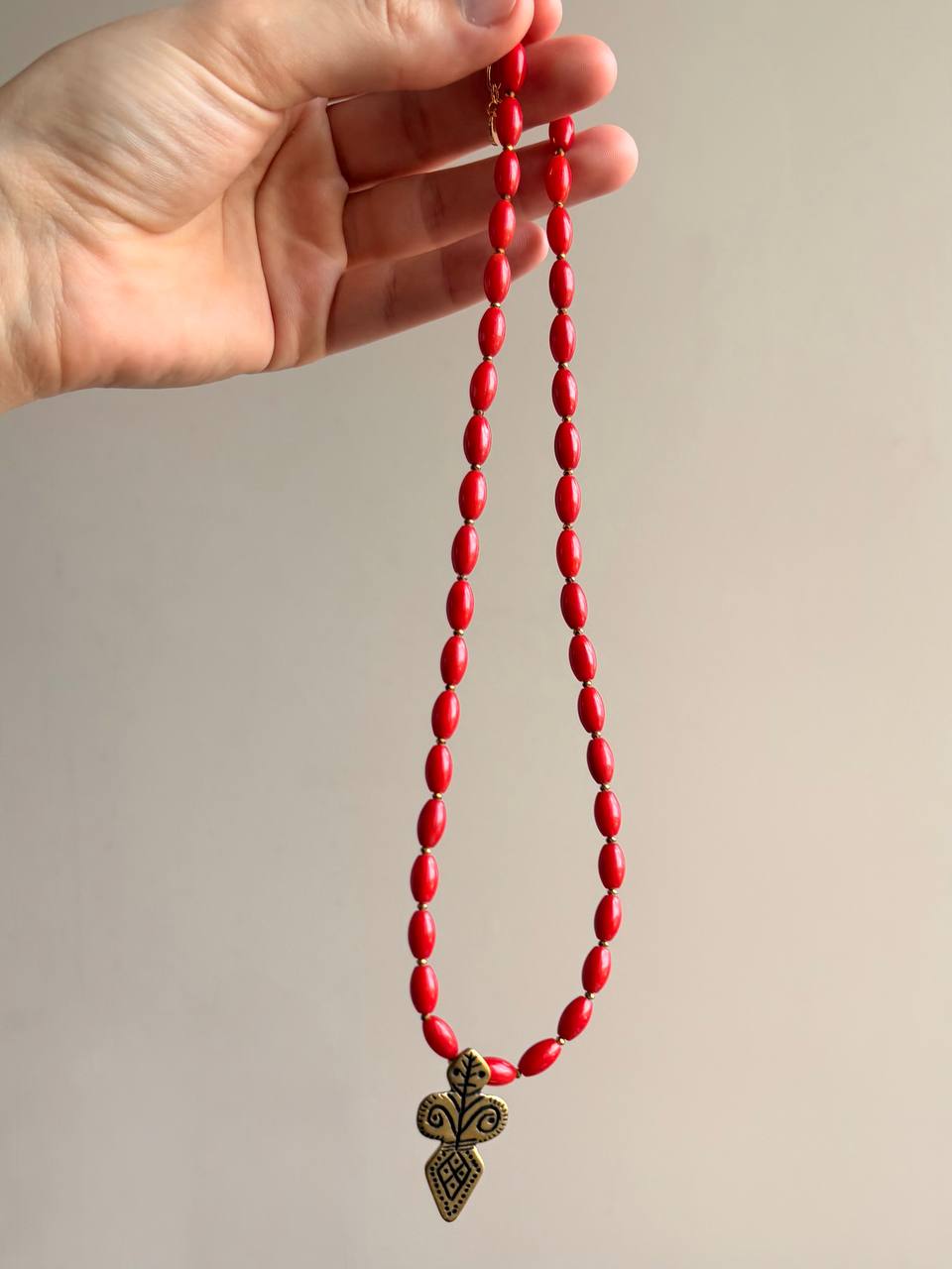 Red Coral Necklace with Brass Folk-Inspired Pendant