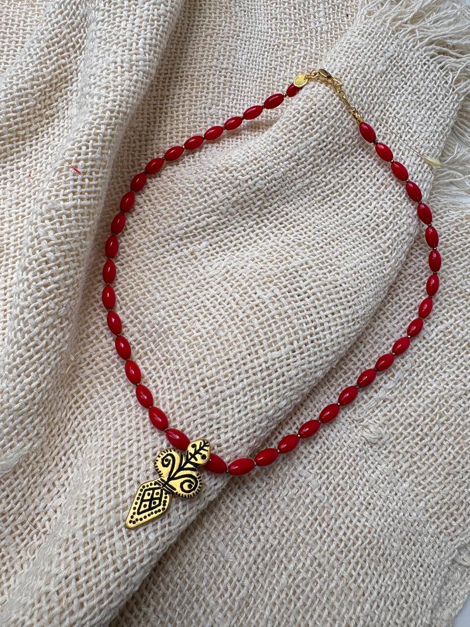 Red Coral Necklace with Brass Folk-Inspired Pendant