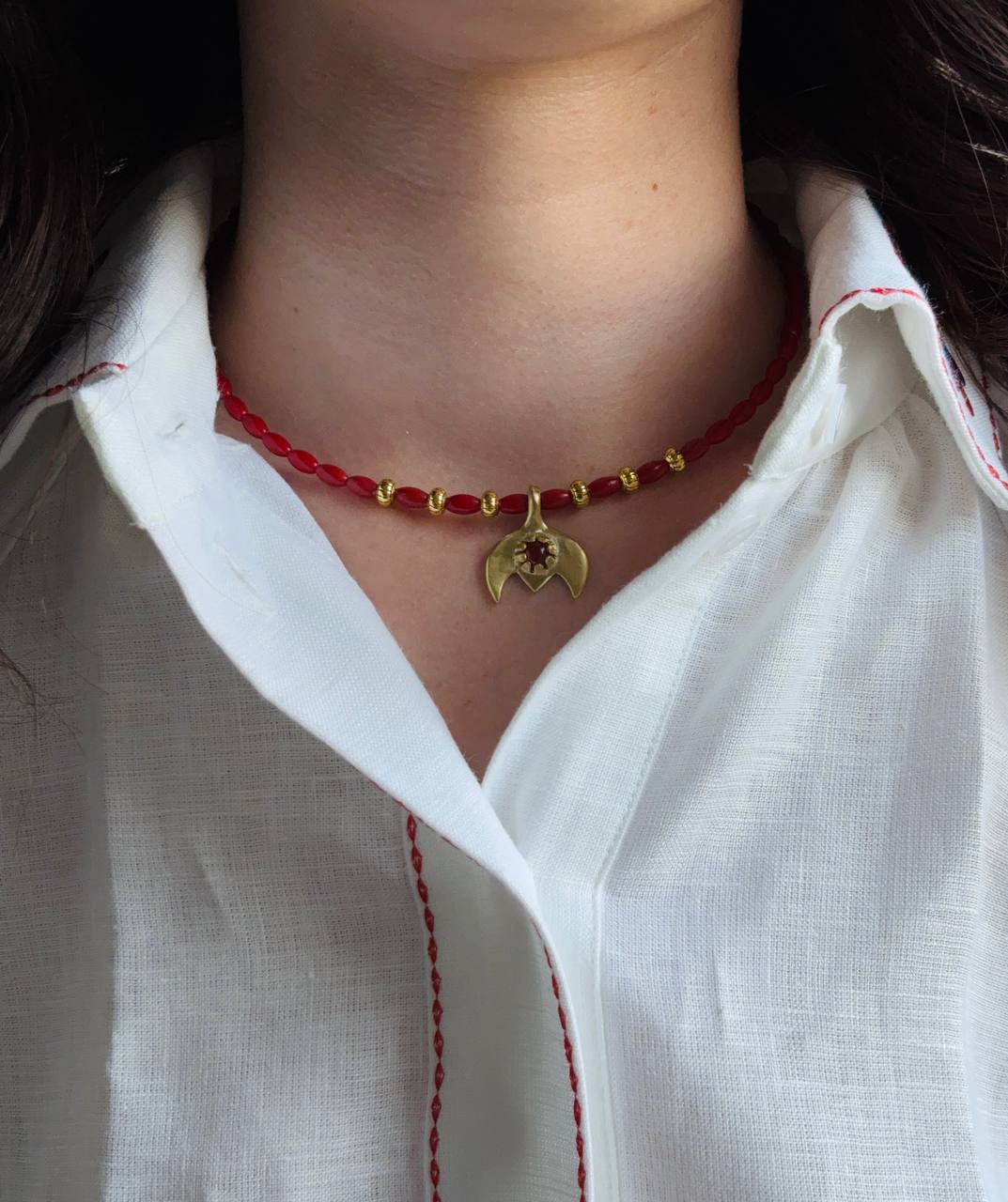 Red Coral Necklace with Brass Pendant