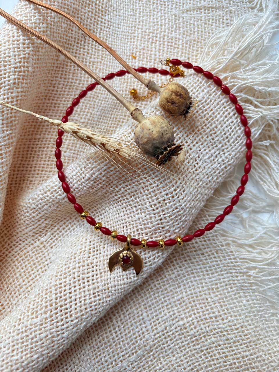 Red Coral Necklace with Brass Pendant