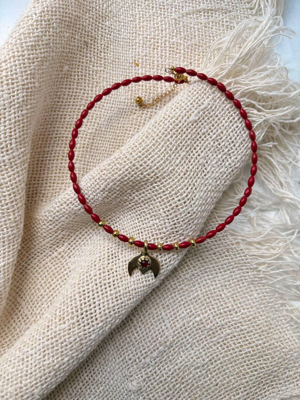 Red Coral Necklace with Brass Pendant