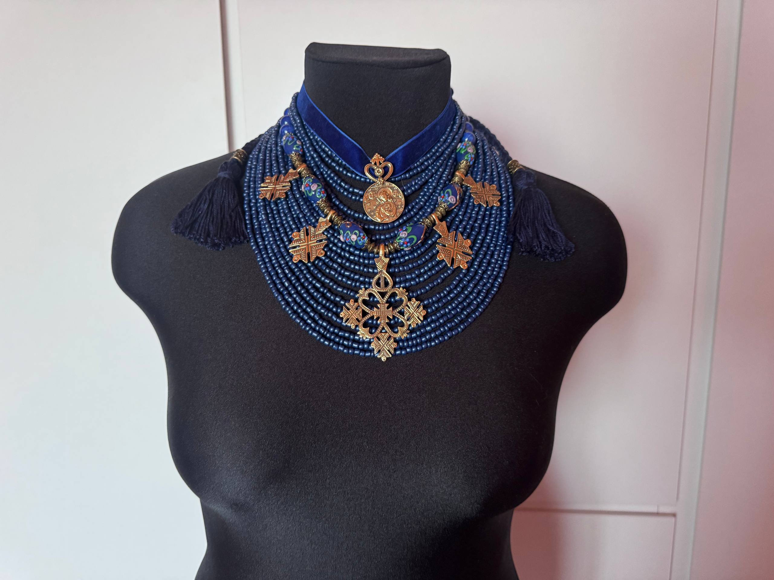 Traditional Ukrainian Zgarda, Blue Glass Bead Necklace, Handmade Ethnic Jewelry with Brass Crosses and Dukach
