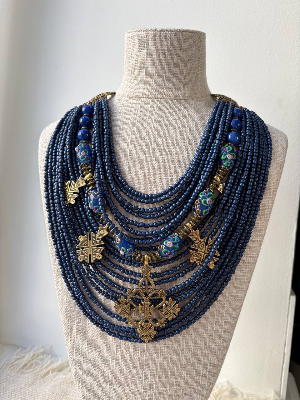 Traditional Ukrainian Zgarda, Blue Glass Bead Necklace, Handmade Ethnic Jewelry with Brass Crosses and Dukach