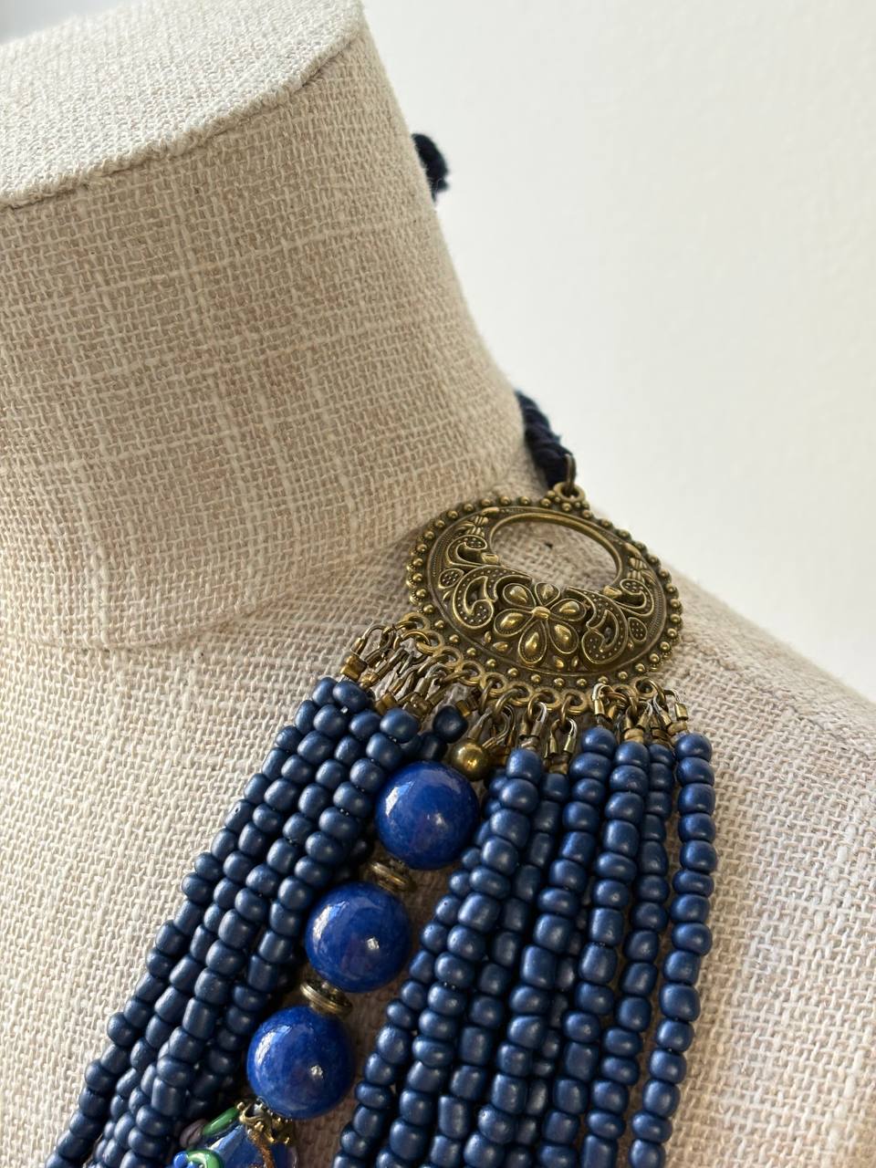 Traditional Ukrainian Zgarda, Blue Glass Bead Necklace, Handmade Ethnic Jewelry with Brass Crosses and Dukach