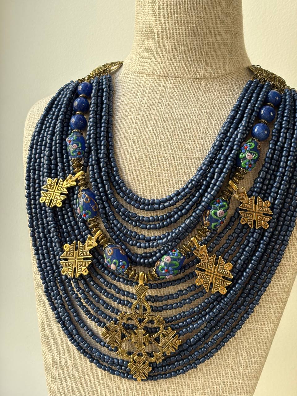 Traditional Ukrainian Zgarda, Blue Glass Bead Necklace, Handmade Ethnic Jewelry with Brass Crosses and Dukach