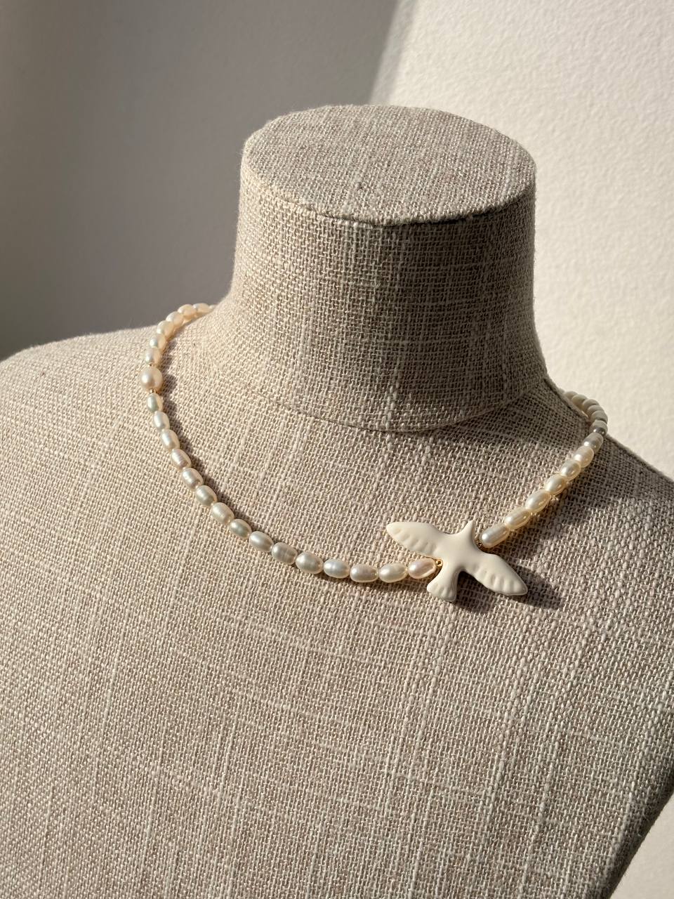 Pearl Bird Necklace, Handmade Mother of Pearl Jewelry, White Statement Necklace, Unique Gift for Her