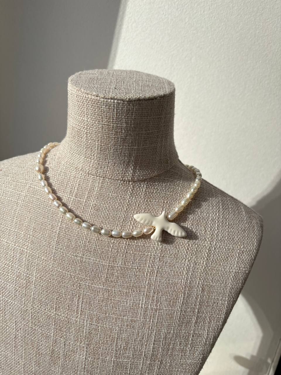 Pearl Bird Necklace, Handmade Mother of Pearl Jewelry, White Statement Necklace, Unique Gift for Her
