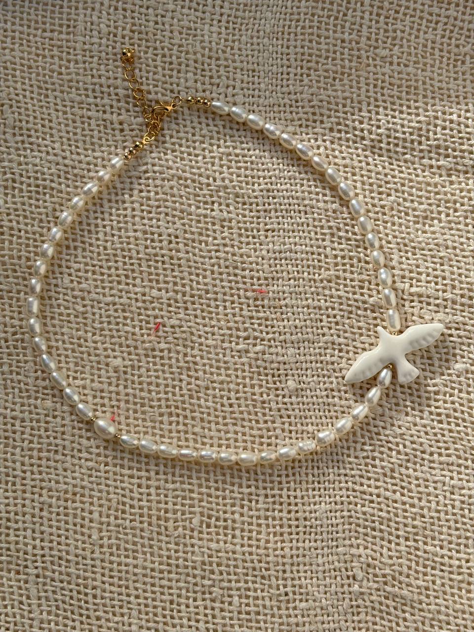 Pearl Bird Necklace, Handmade Mother of Pearl Jewelry, White Statement Necklace, Unique Gift for Her