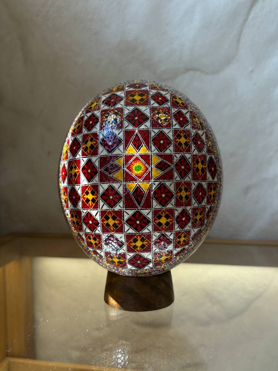 Handmade Ukrainian Ostrich Egg Pysanka - Traditional Easter Decor