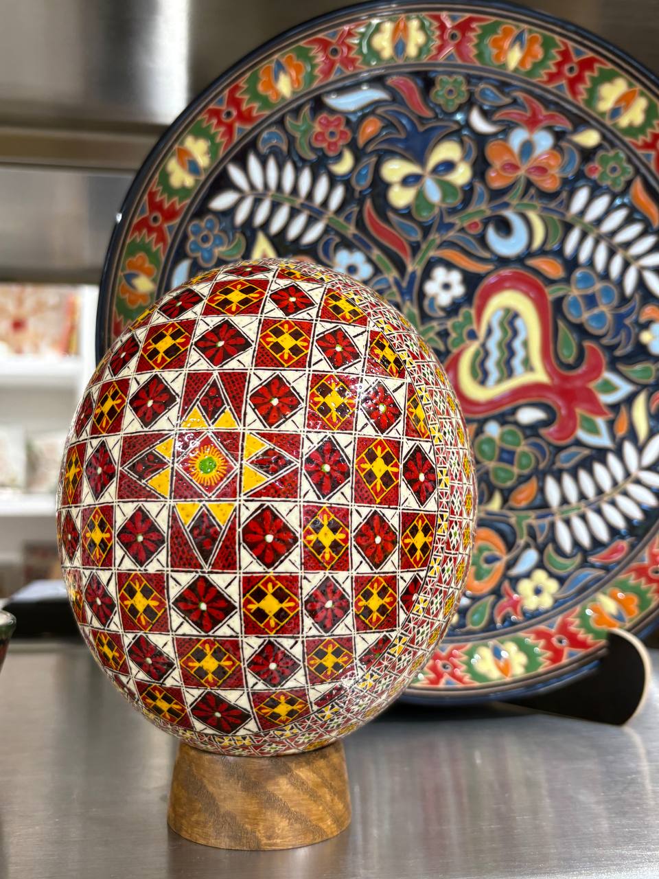 Handmade Ukrainian Ostrich Egg Pysanka - Traditional Easter Decor