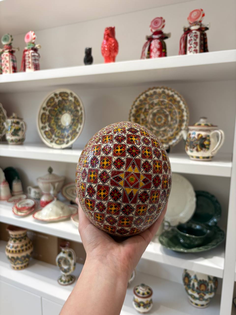 Handmade Ukrainian Ostrich Egg Pysanka - Traditional Easter Decor